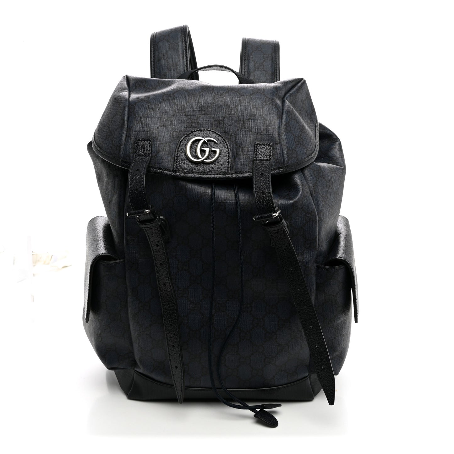 GG Supreme Monogram Textured Dollar Calfskin Medium Ophidia Double Buckle Backpack Blue Dark Blue Black