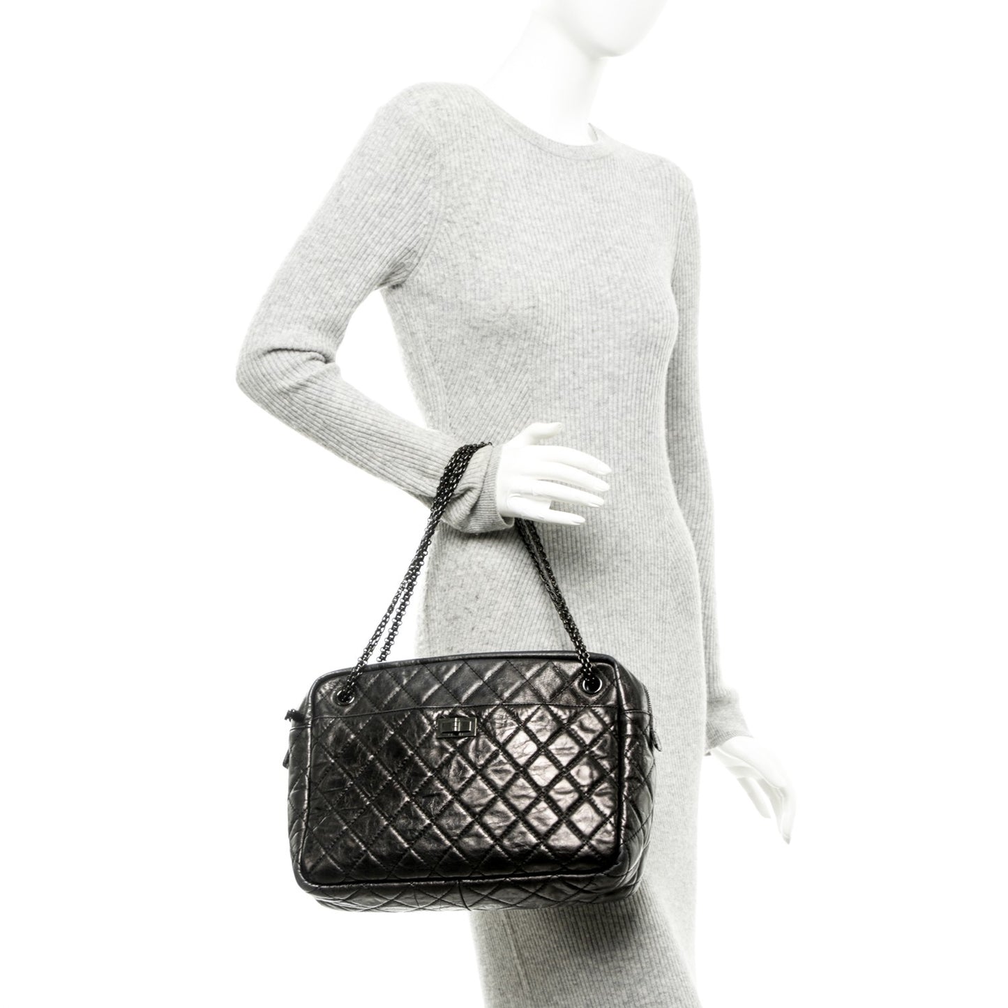 Metallic Aged Calfskin Quilted Large Reissue Camera Case Black