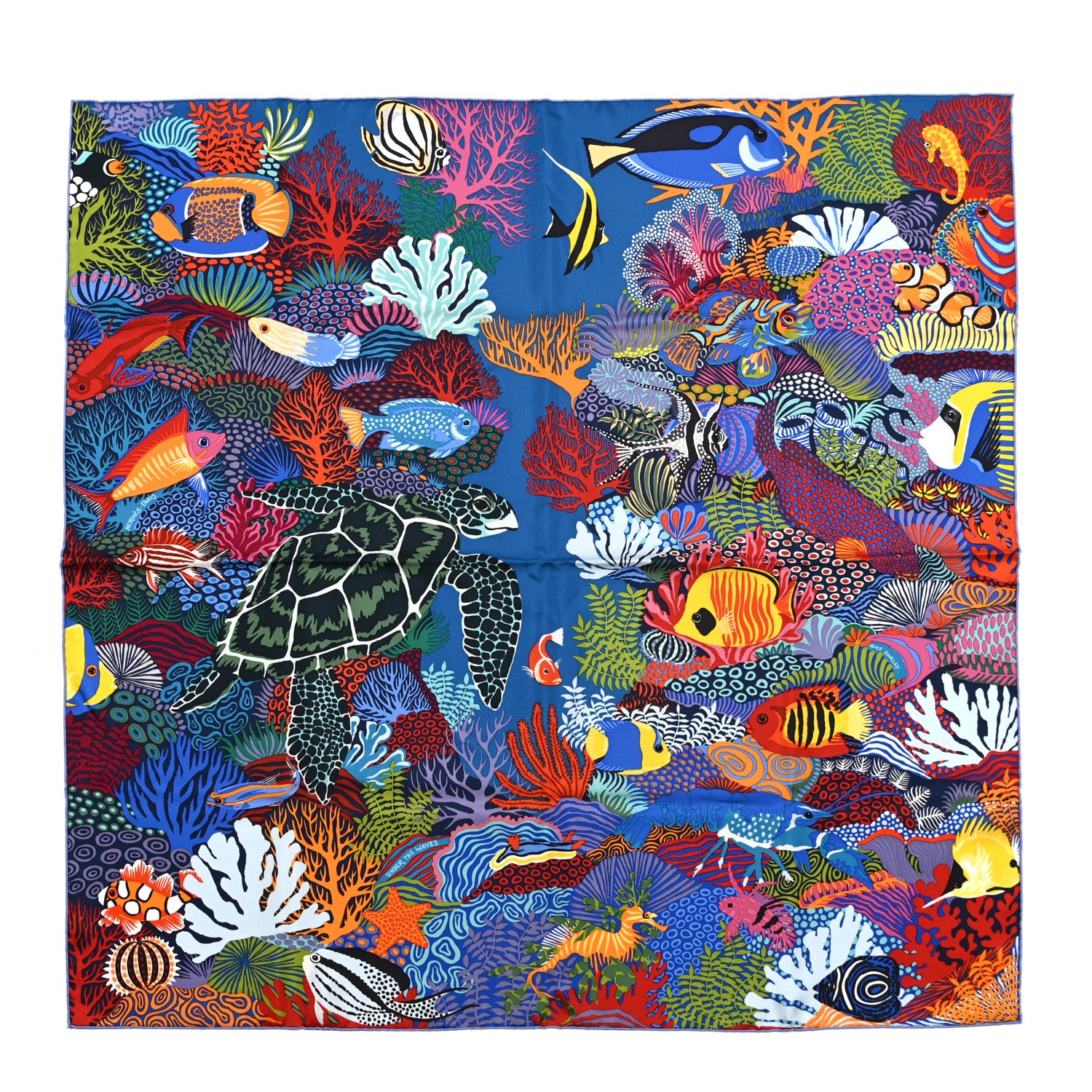 Hermes Silk Under The Waves Scarf 90 Cobalt Jaune Vert 1 of 6