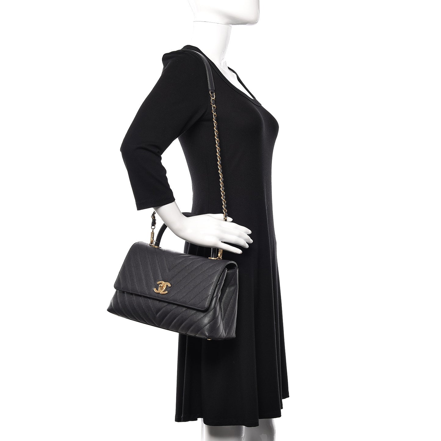 Caviar Chevron Quilted Small Coco Handle Flap Black