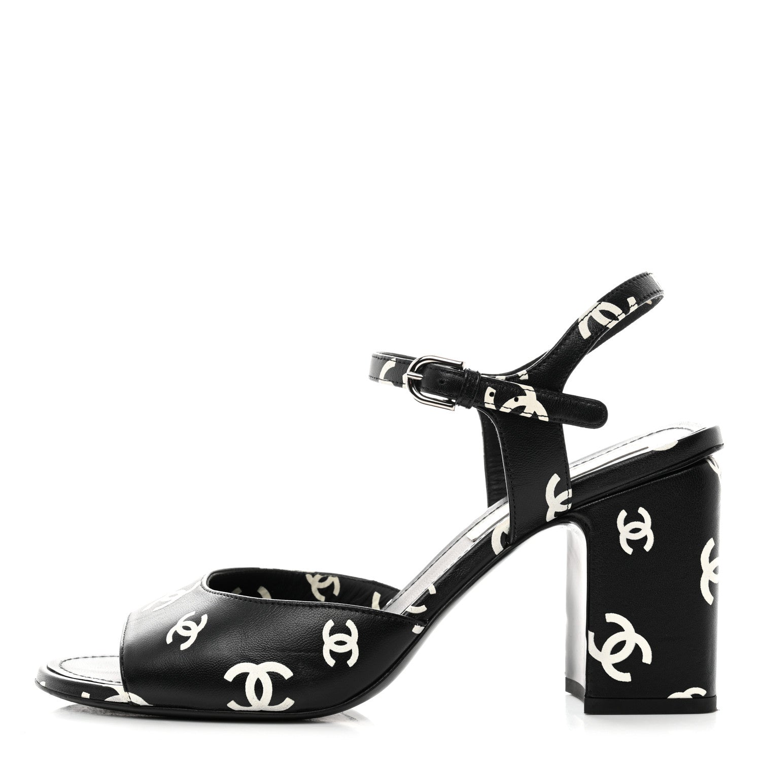 Chanel Printed Lambskin CC Sandals 39.5 Black White 1 of 8