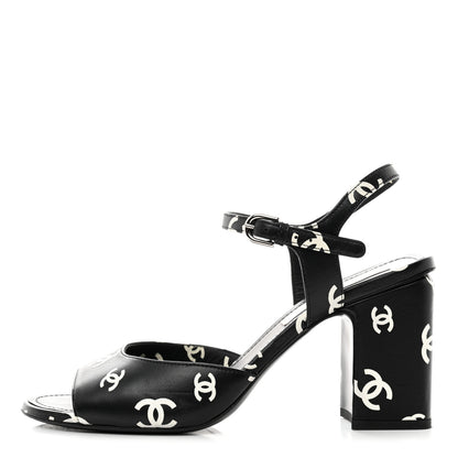 Chanel Printed Lambskin CC Sandals 39.5 Black White 1 of 8