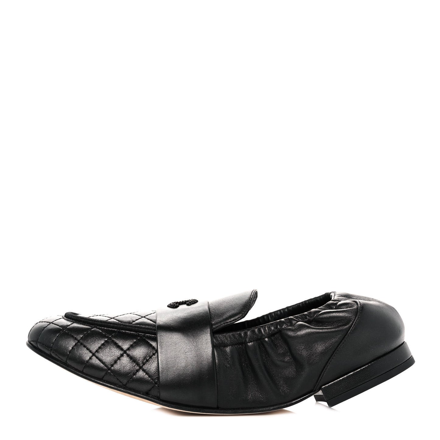 Laminated Lambskin Womens Quilted Elastic CC Moccasin Loafers 36 Black