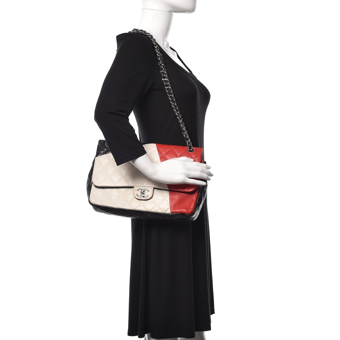 Lambskin Quilted Colorblock Jumbo Double Flap Black White Red