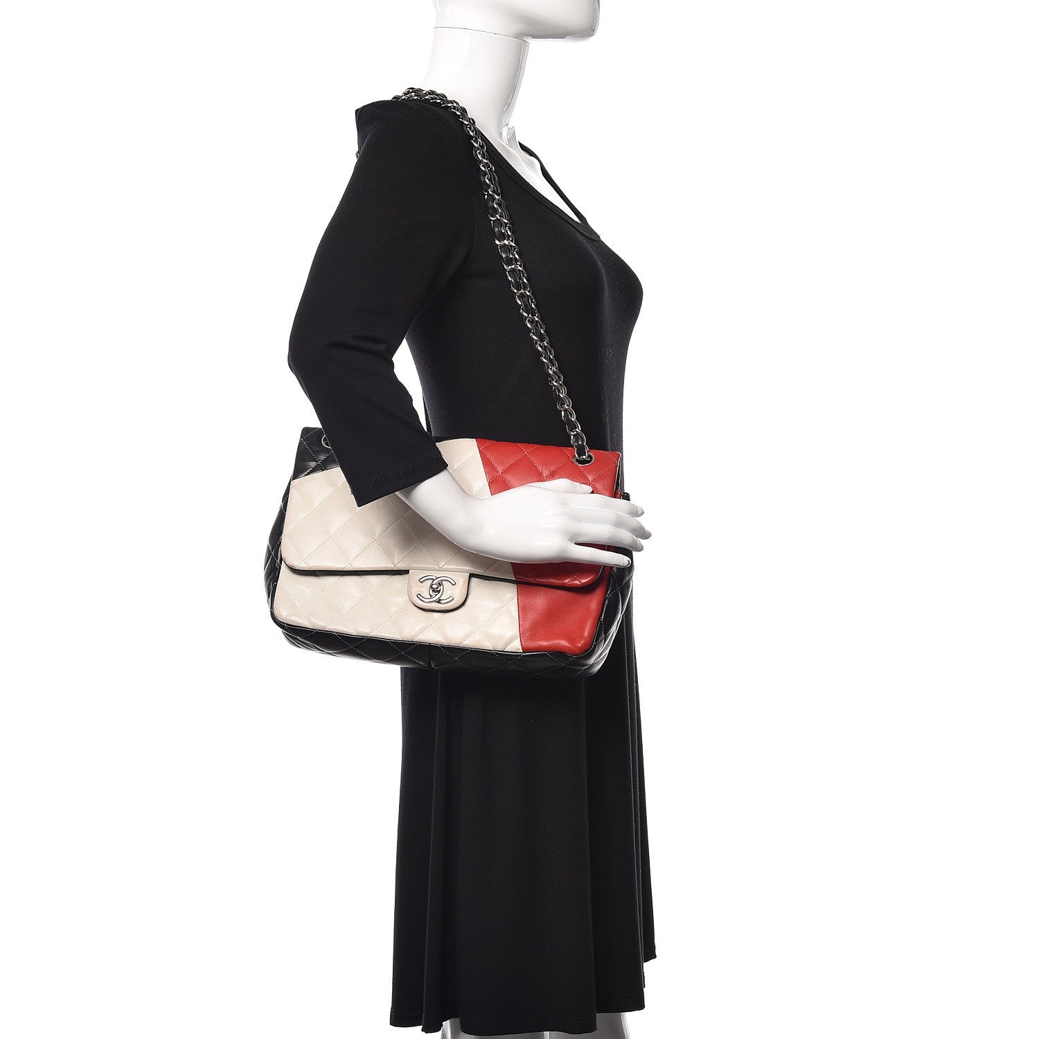 Chanel Lambskin Quilted Colorblock Jumbo Double Flap Black White Red 2 of 19