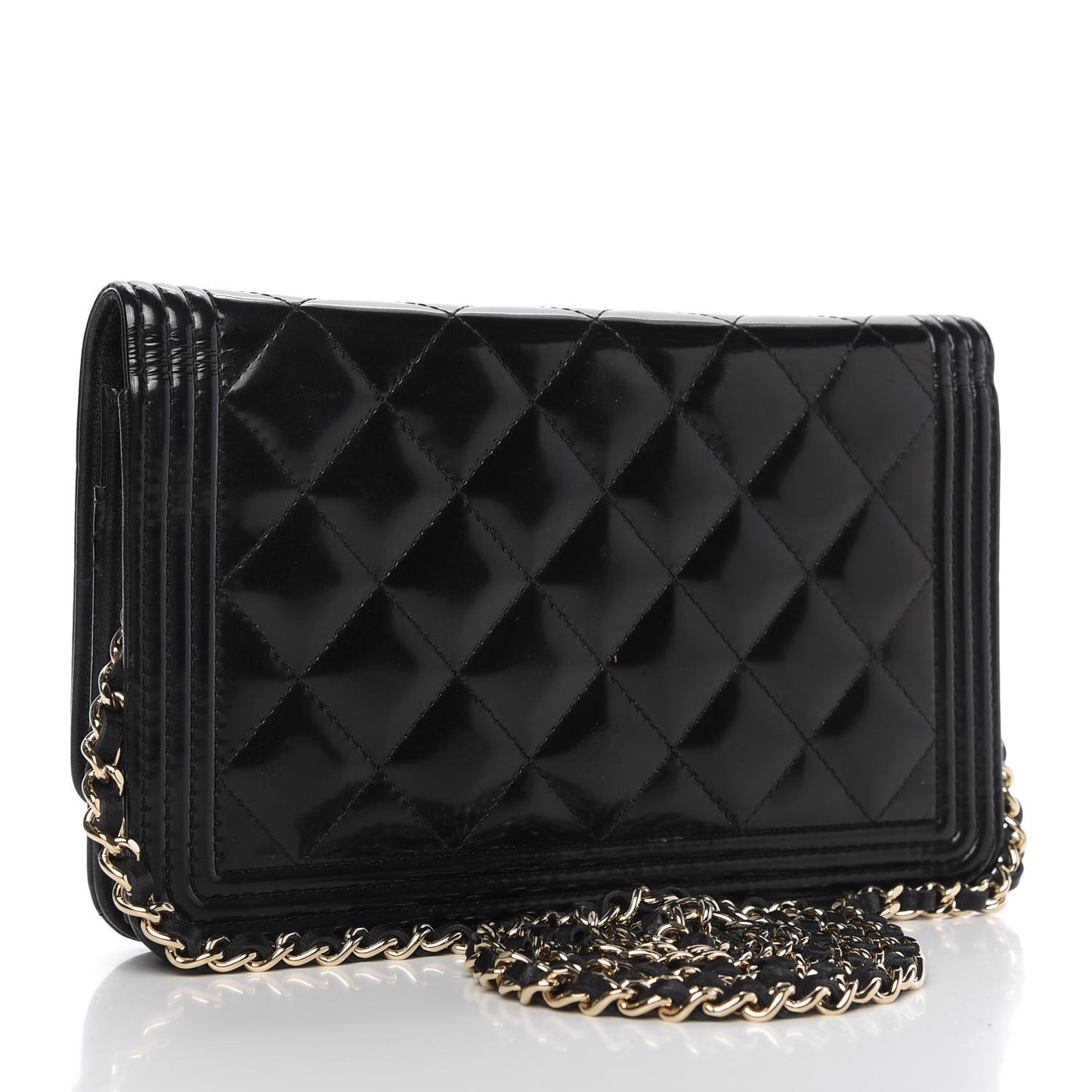 Patent Calfskin Quilted Boy Wallet On Chain WOC Black