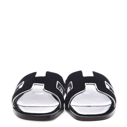Hermes Velvet Nappa Oran Sandals 36 Black Argent Vieilli 2 of 8