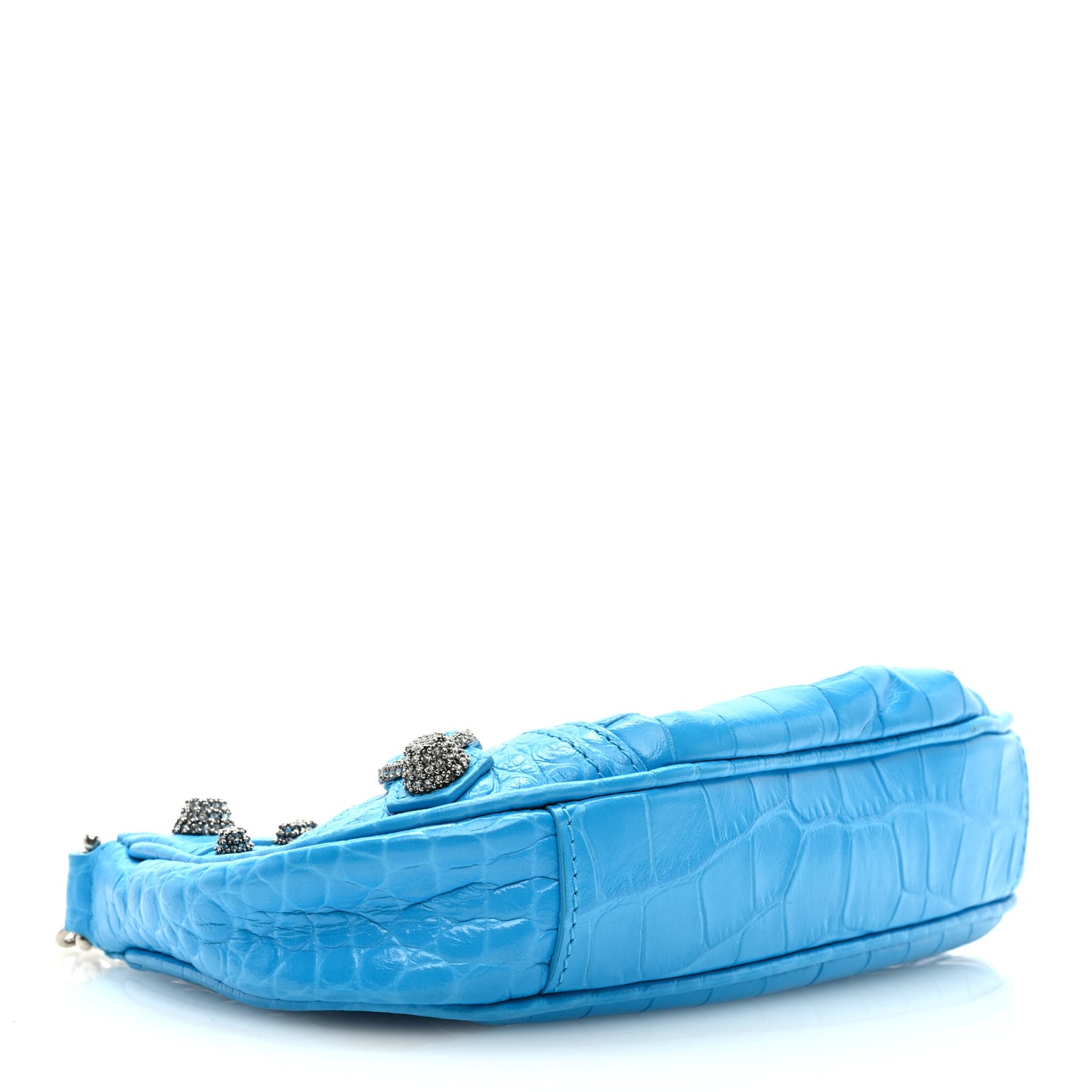 Extra Supple Calfskin Crocodile Embossed Crystal Mini Le Cagole Purse With Chain Cyan