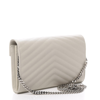 Saint Laurent Grain De Poudre Matelasse Chevron Monogram Chain Wallet Icy White 3 of 11