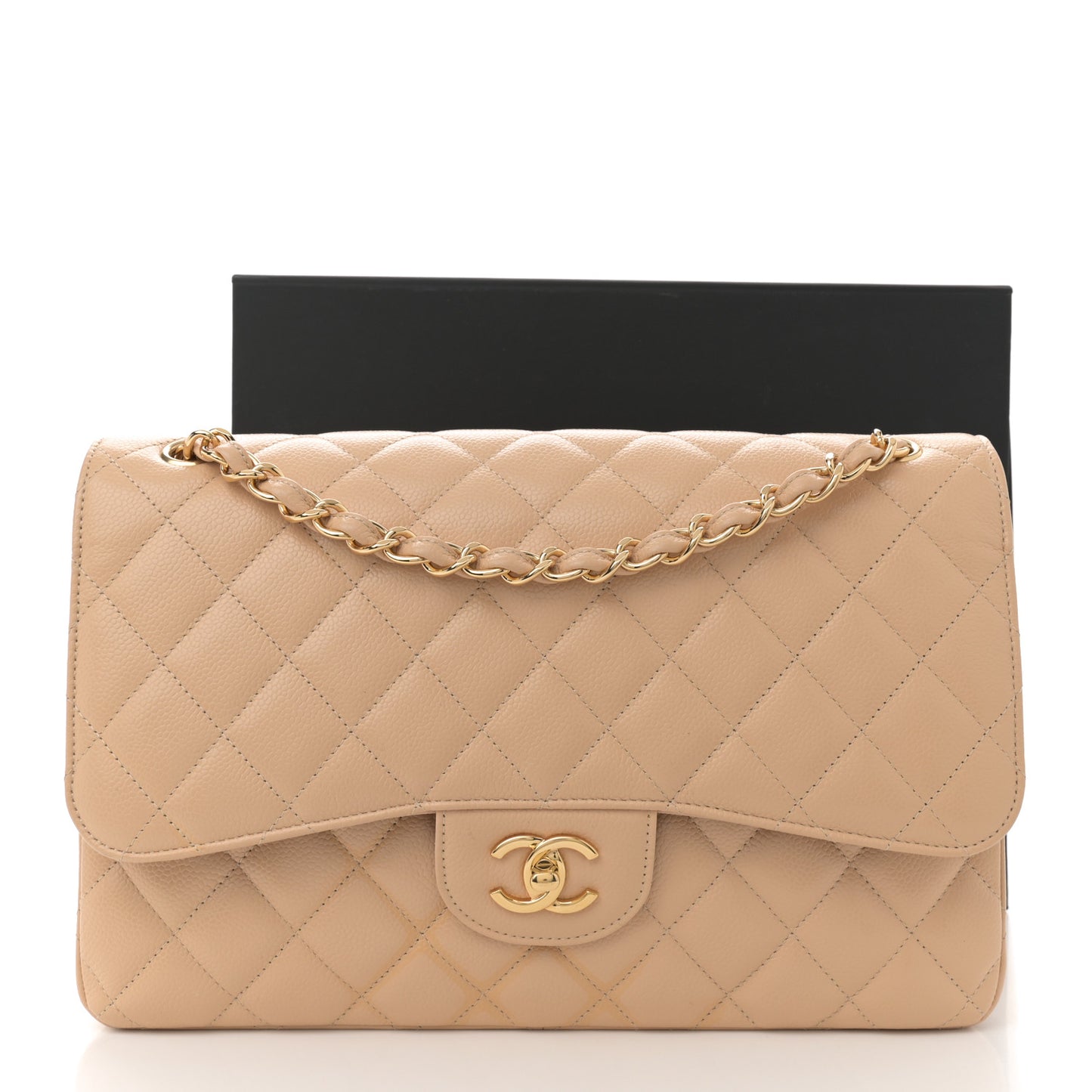 Caviar Quilted Jumbo Double Flap Beige Clair