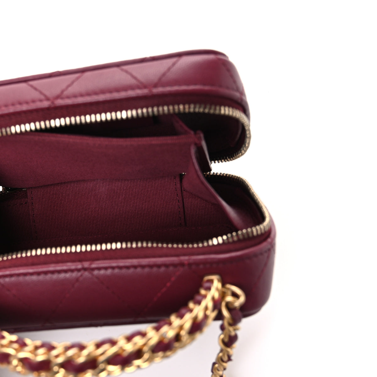 Lambskin Quilted Top Handle Mini Vanity Case Burgundy