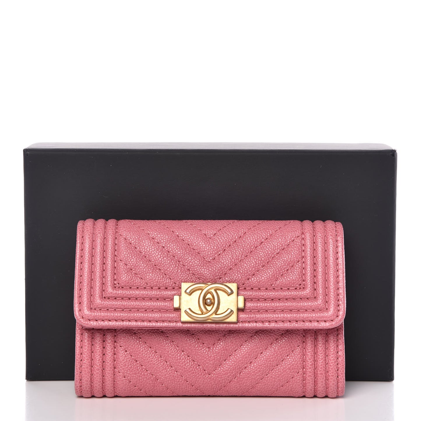 Caviar Chevron Quilted Boy Card Holder Wallet Dark Pink