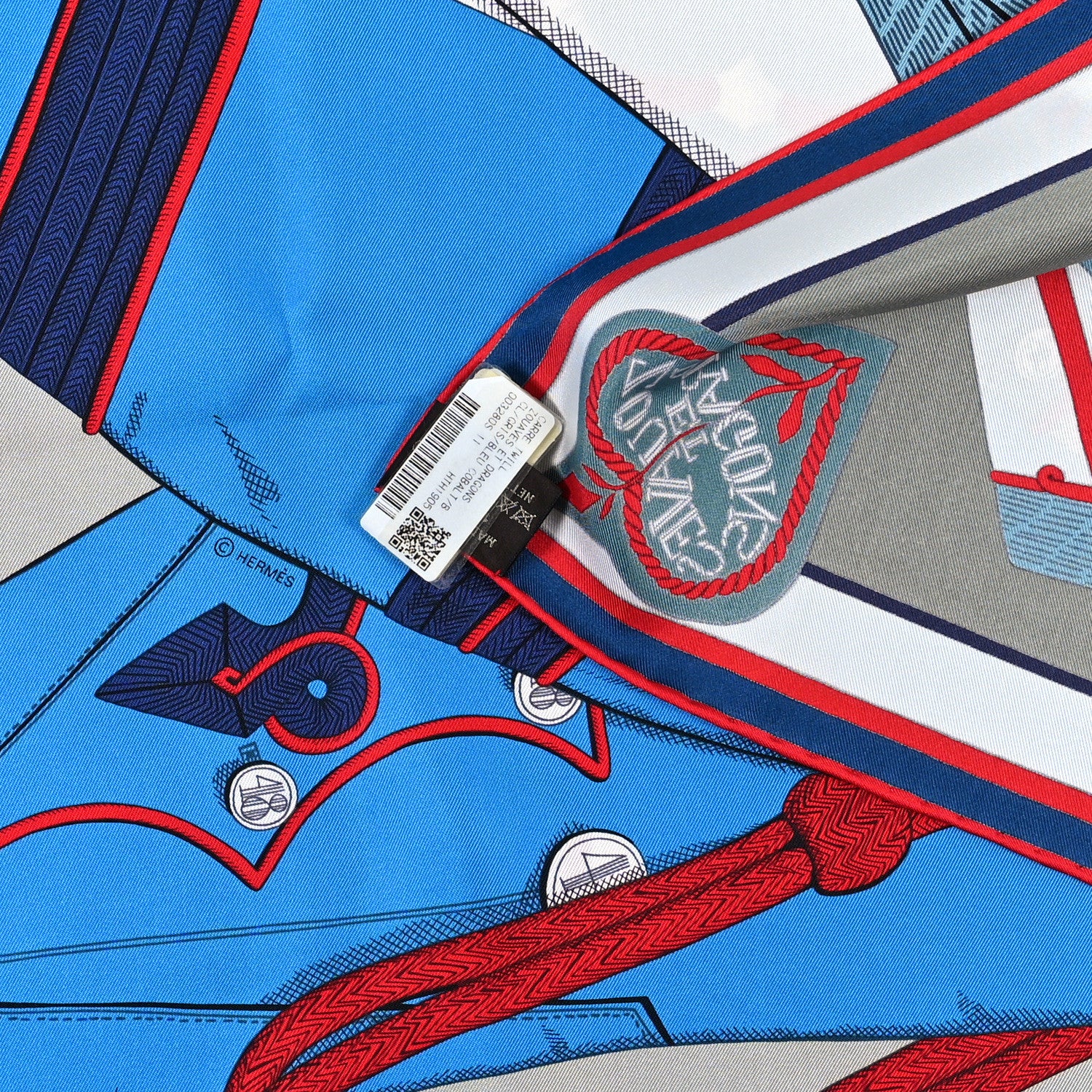 Hermes Silk Zouaves Et Dragons Scarf 90 Gris Bleu Cobalt 3 of 3