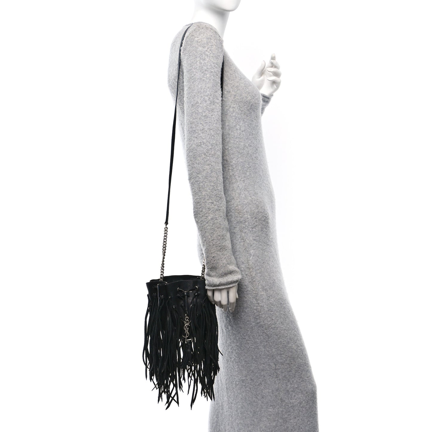 Calfskin Fringe Monogram Mini Bourse Bucket Bag Black