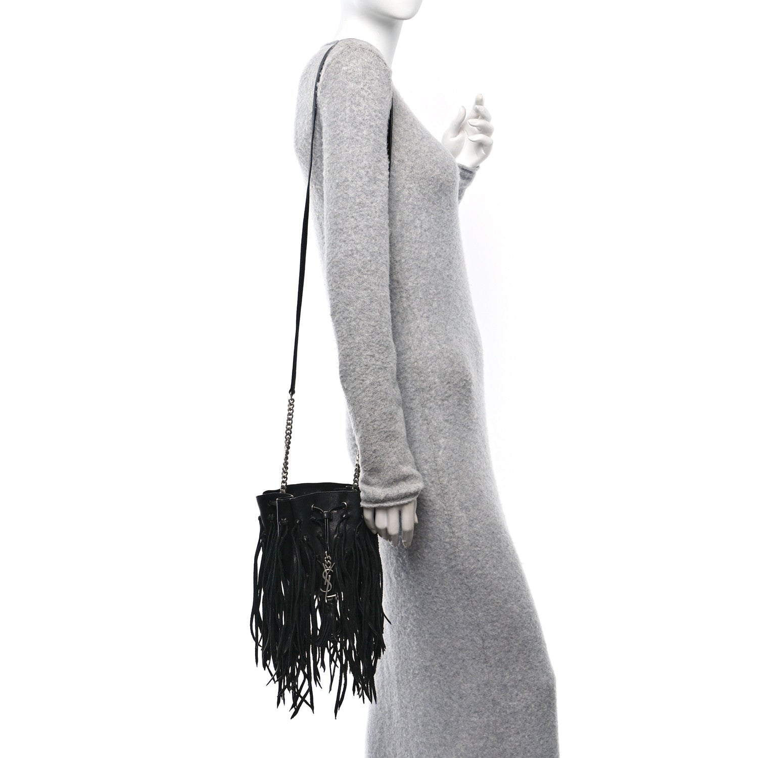 Saint Laurent Calfskin Fringe Monogram Mini Bourse Bucket Bag Black 2 of 10