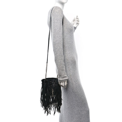 Saint Laurent Calfskin Fringe Monogram Mini Bourse Bucket Bag Black 2 of 10