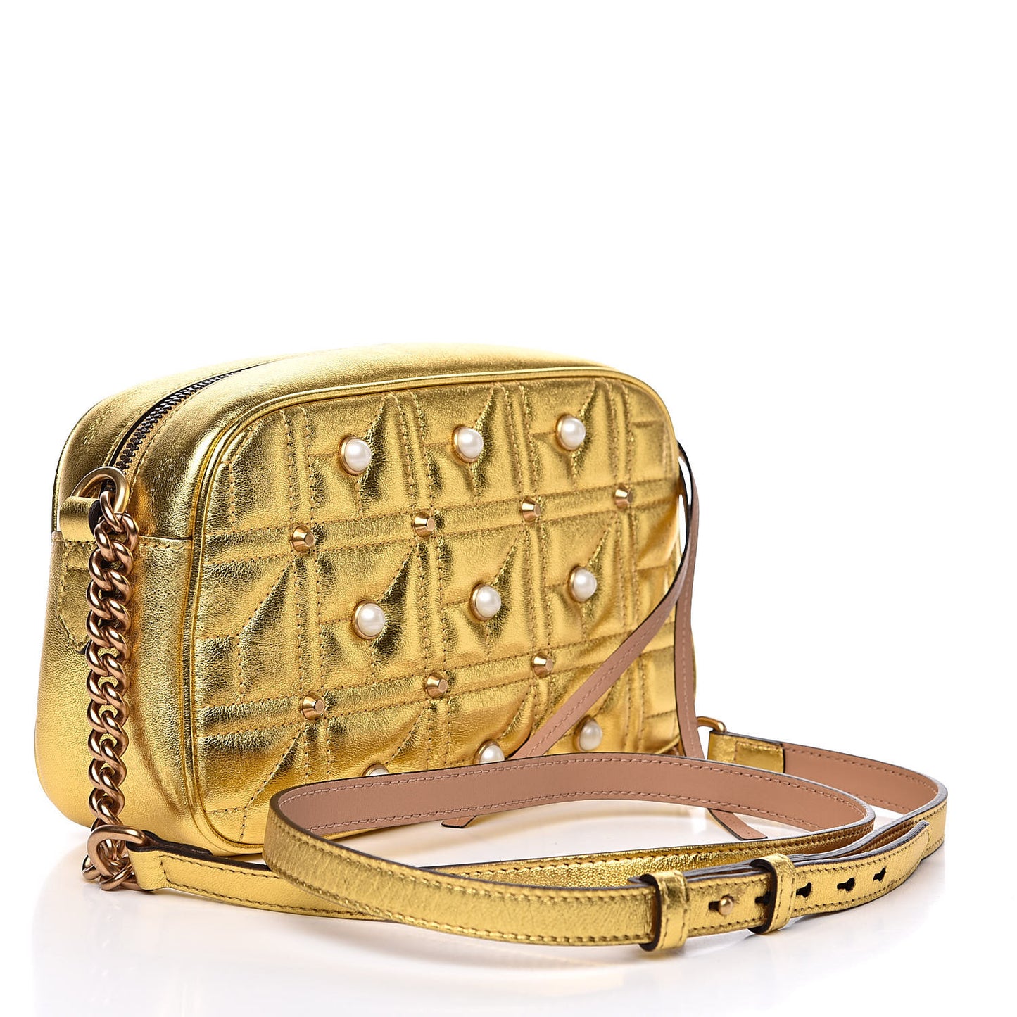 Metallic Calfskin Matelasse Studded Small Pearly GG Marmont Chain Shoulder Bag Gold
