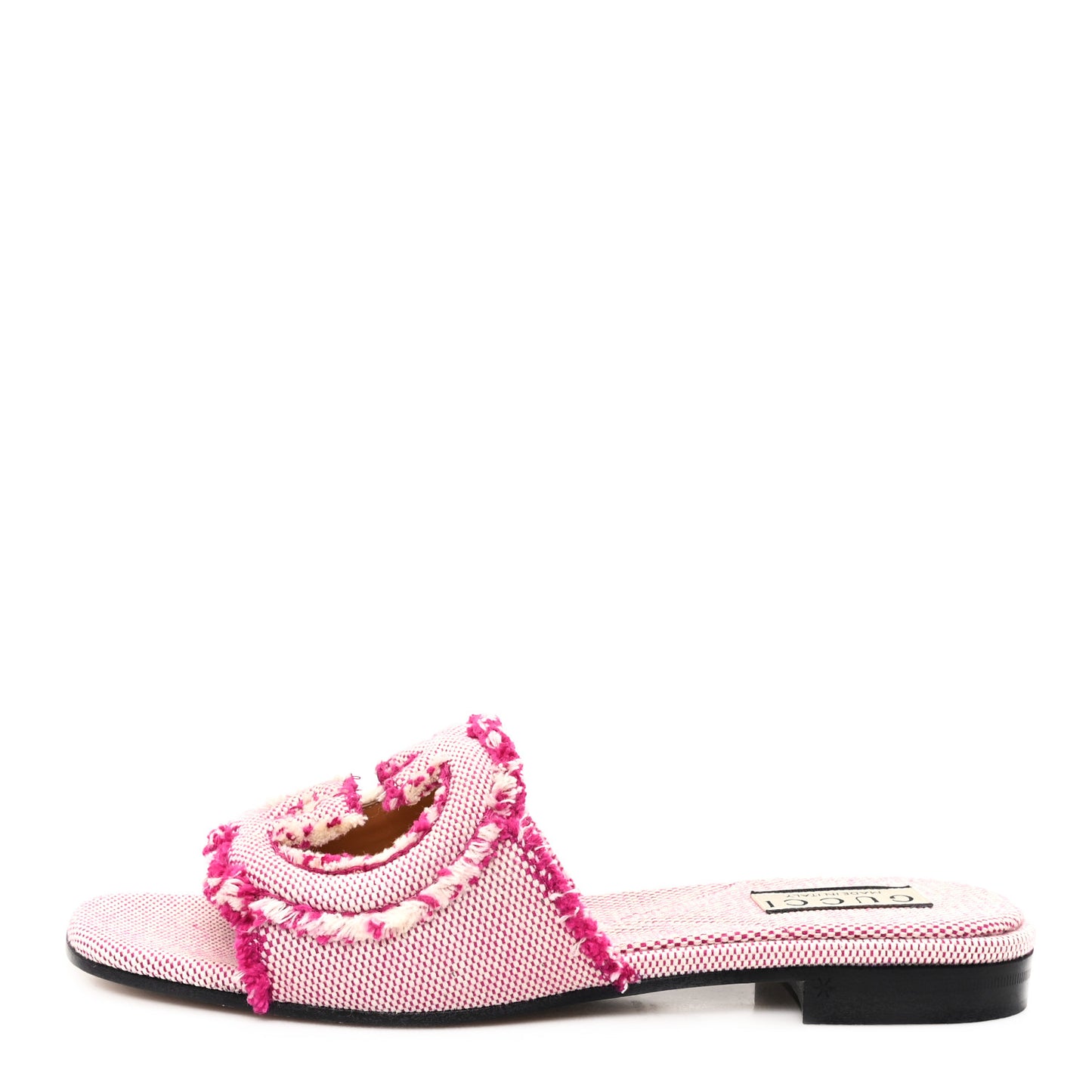 Fringed Canvas Interlocking G Cut Out Slide Sandals 37 Princess Fuxia Natural
