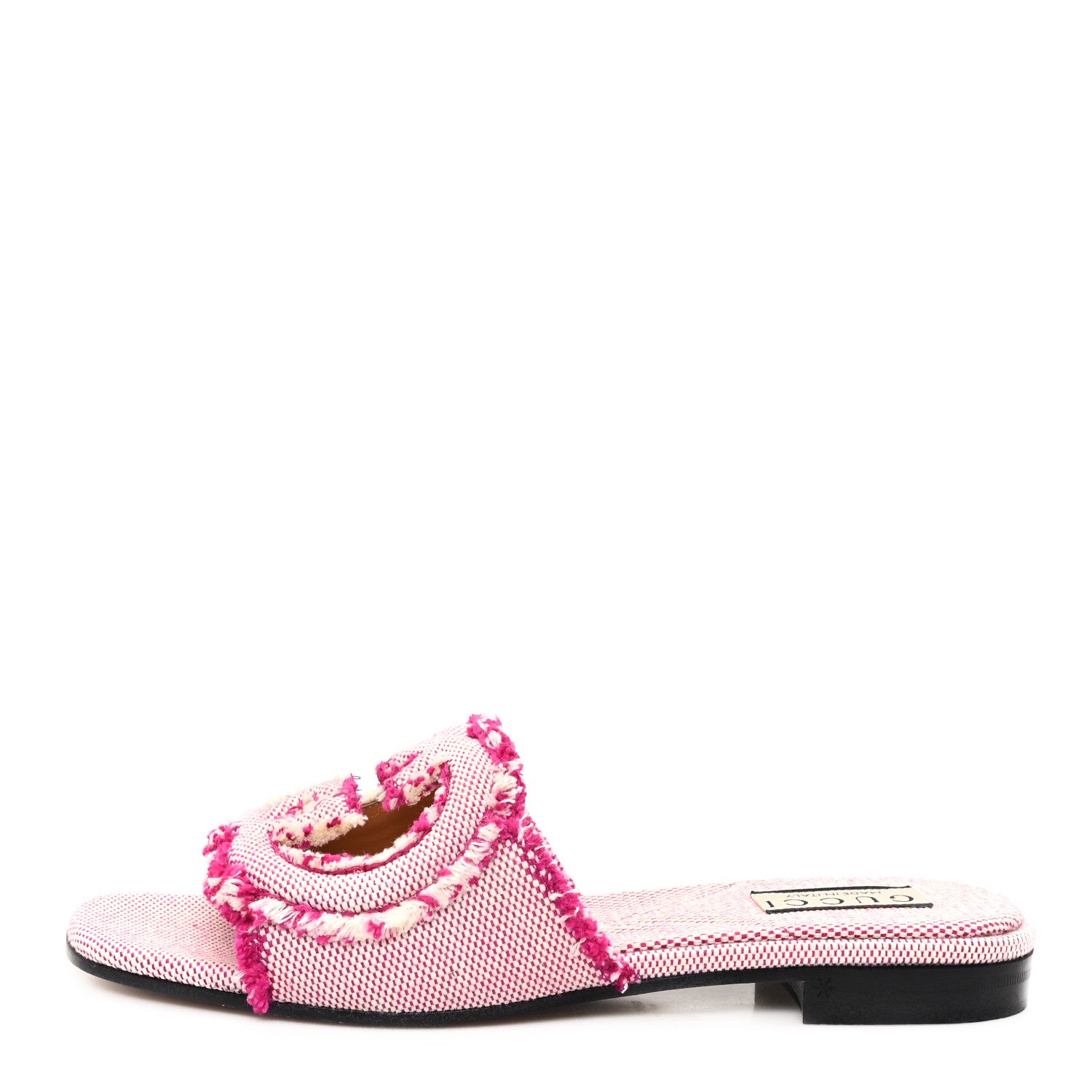 Gucci Fringed Canvas Interlocking G Cut Out Slide Sandals 37 Princess Fuxia Natural 1 of 9