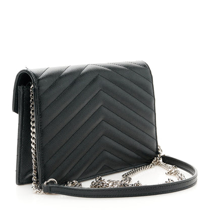 Saint Laurent Grain De Poudre Matelasse Chevron Monogram Envelope Chain Wallet Black 3 of 11