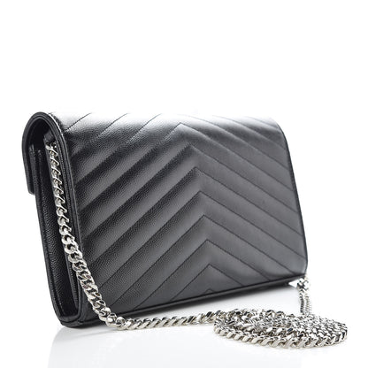 Saint Laurent Grain De Poudre Matelasse Chevron Monogram Chain Wallet Black 3 of 10