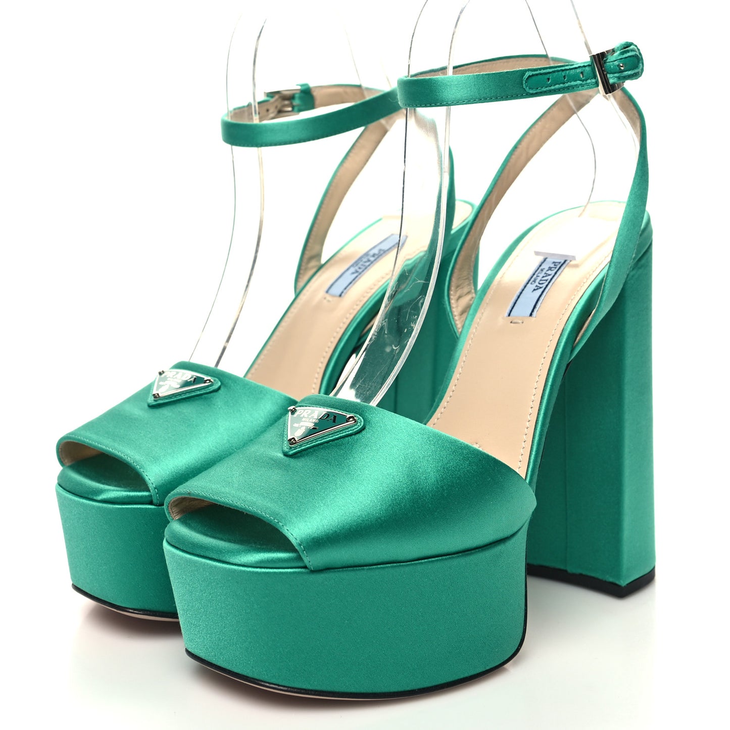 Satin Metal Triangle Logo Ankle Strap 40/135mm Platform Sandals 38 Assenzio