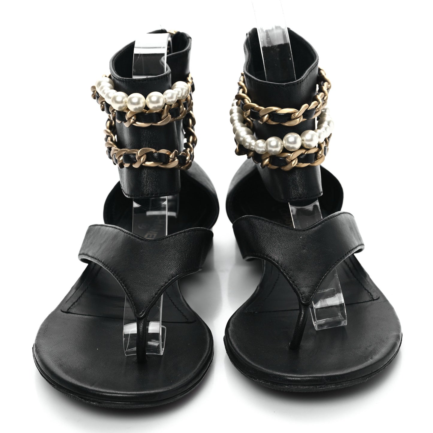 Lambskin Pearl Chain CC Thong Sandals 38 Black