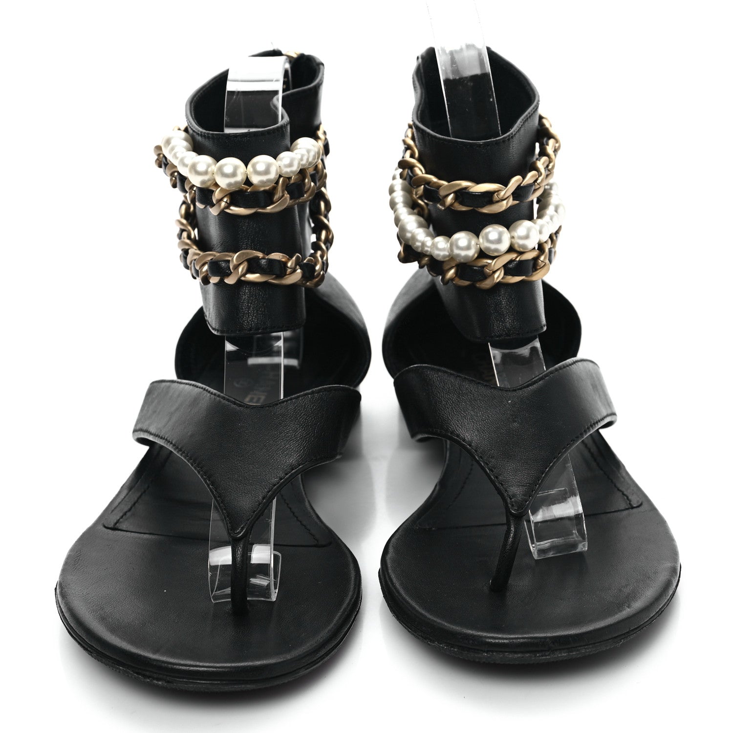Chanel Lambskin Pearl Chain CC Thong Sandals 38 Black 2 of 8