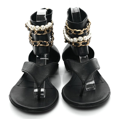 Chanel Lambskin Pearl Chain CC Thong Sandals 38 Black 2 of 8