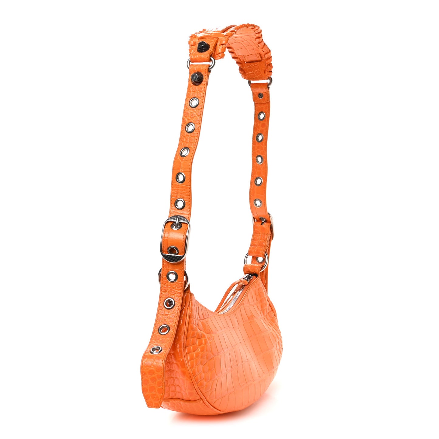 Extra Supple Calfskin Crocodile Embossed Le Cagole Shoulder Bag XS Pop Orange