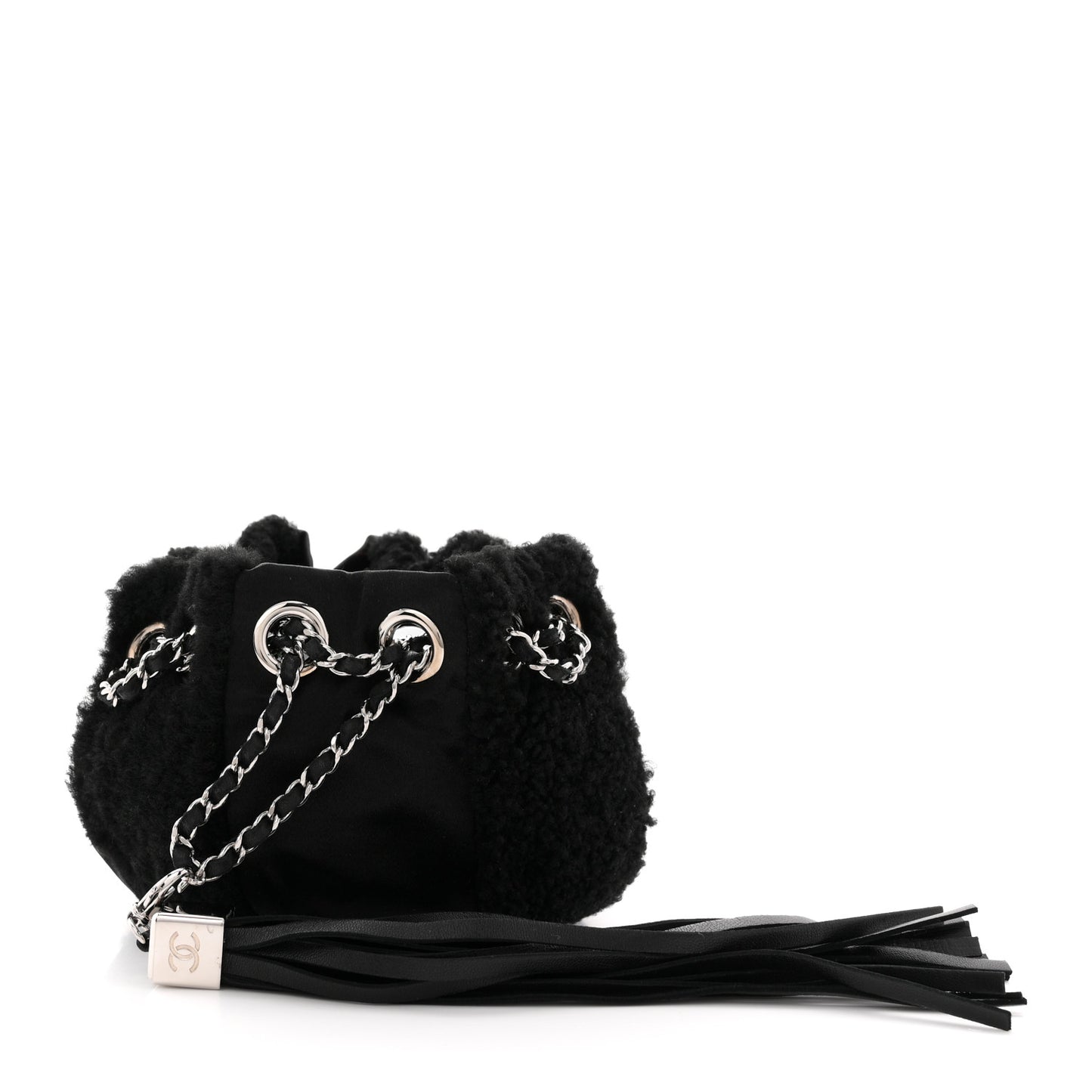 Fur Satin Drawstring Tassel Sac Cordon Shoulder Bag Black