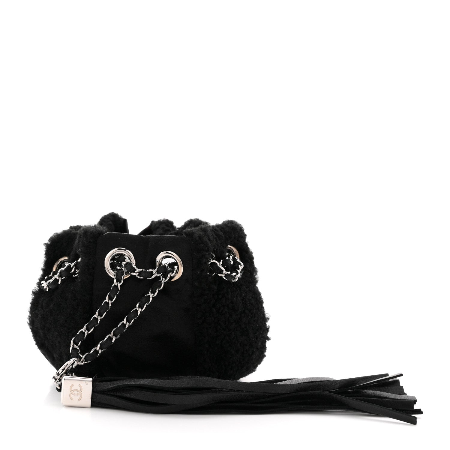 Chanel Fur Satin Drawstring Tassel Sac Cordon Shoulder Bag Black 1 of 8
