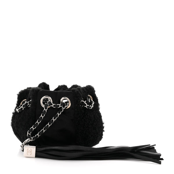 Chanel Fur Satin Drawstring Tassel Sac Cordon Shoulder Bag Black