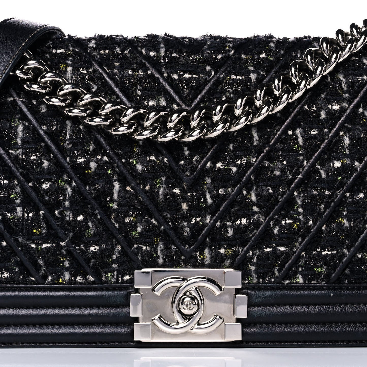 Lambskin Tweed Woven Medium Chevron Boy Flap Black