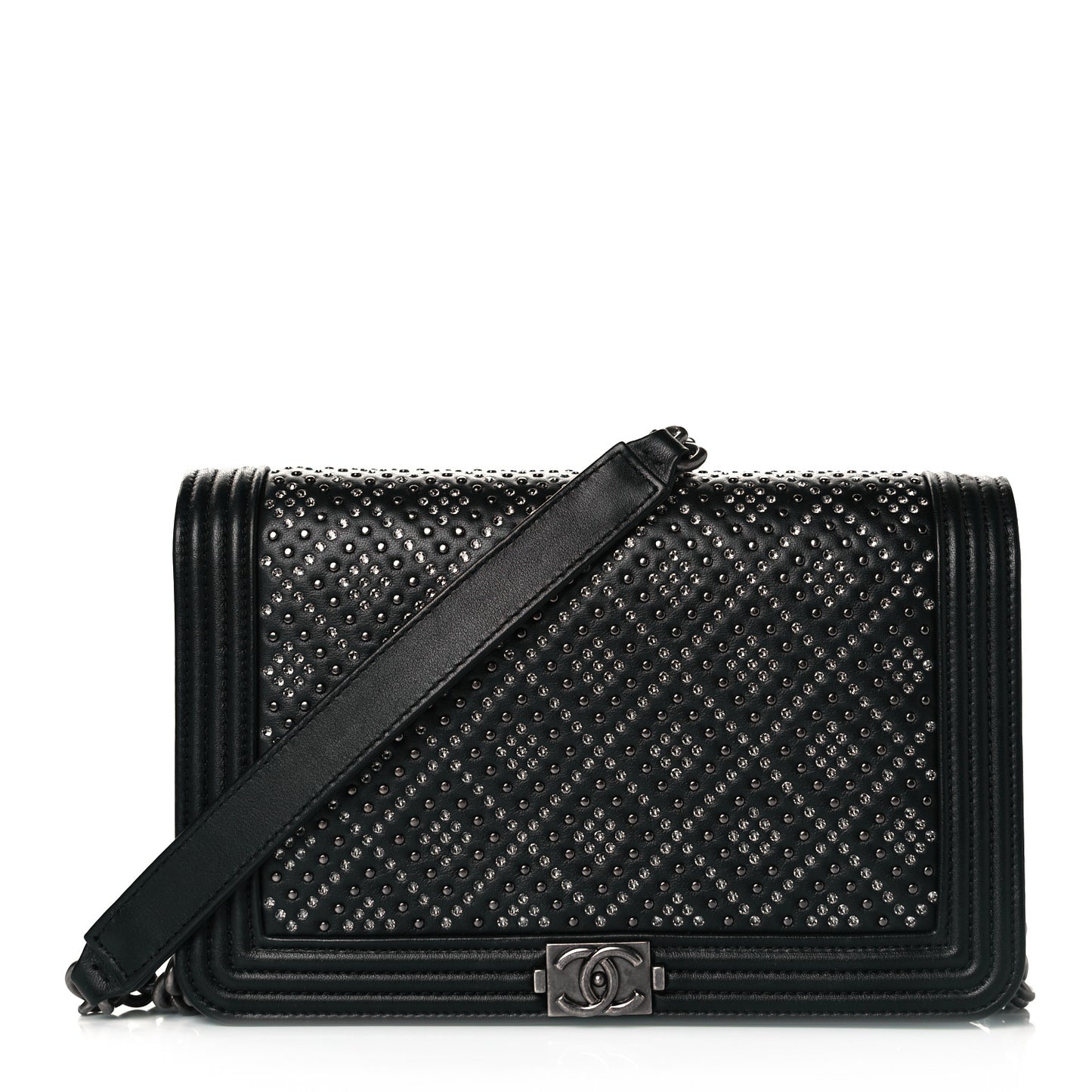 Calfskin Crystal Studded Quilted Boy Wallet On Chain WOC Black