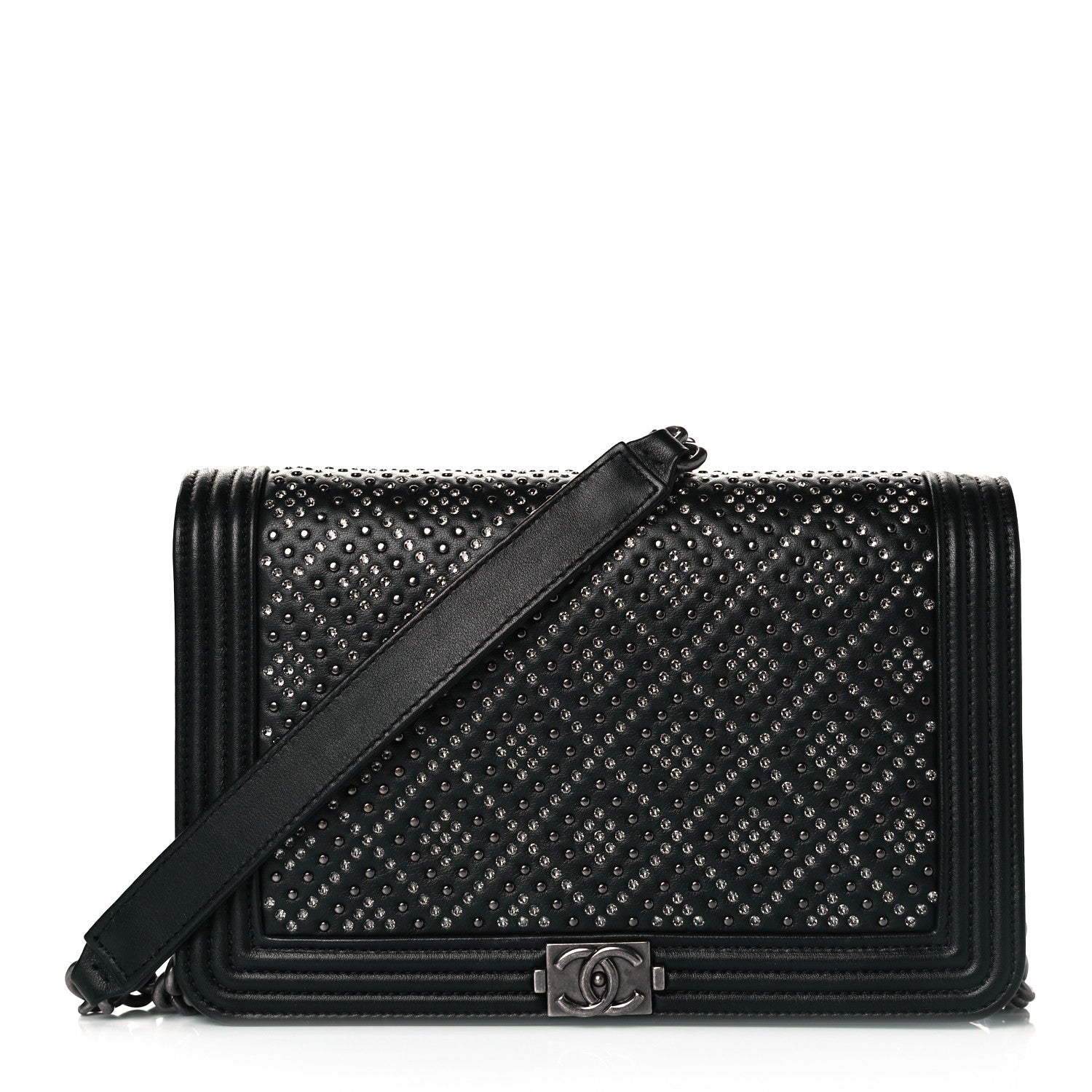 Chanel Calfskin Crystal Studded Quilted Boy Wallet On Chain WOC Black 1 of 8