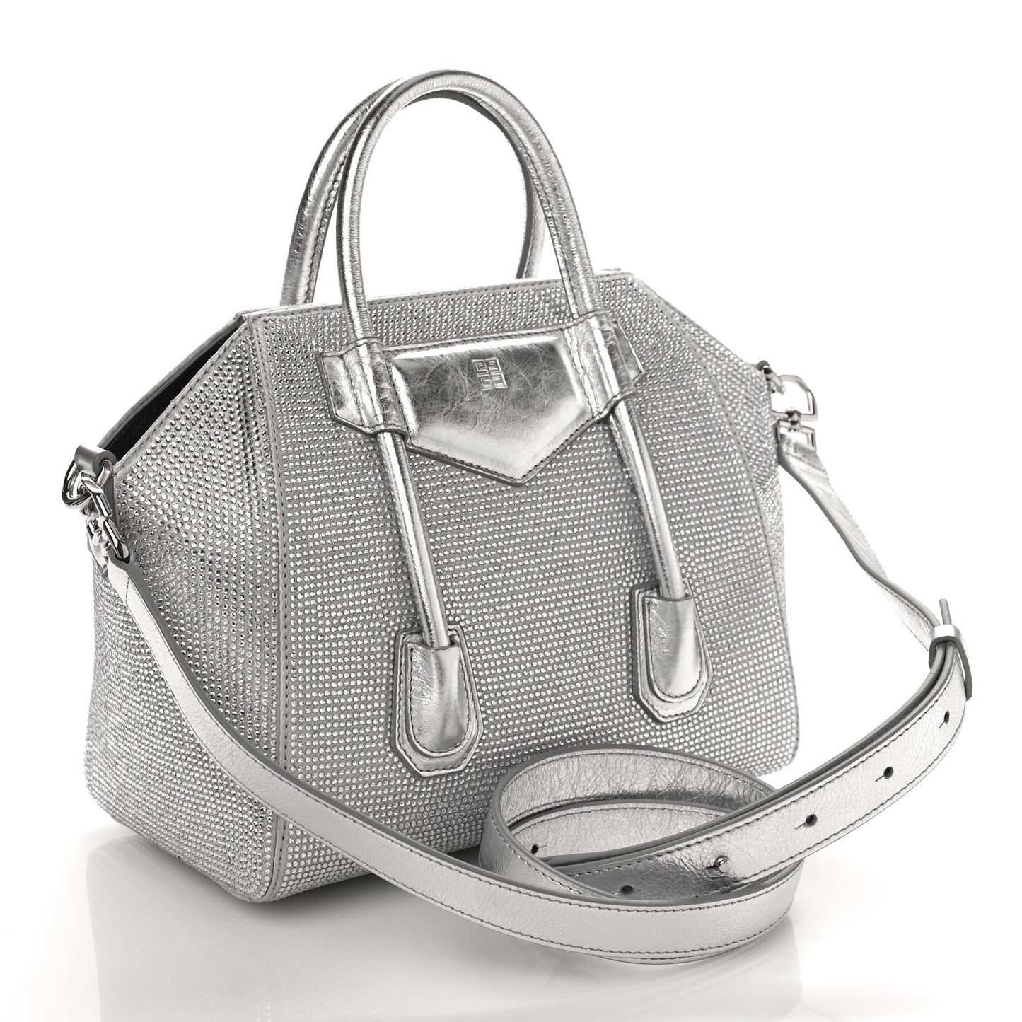 Crystal Embellished Mini Lock Antigona Shoulder Bag Silvery Grey