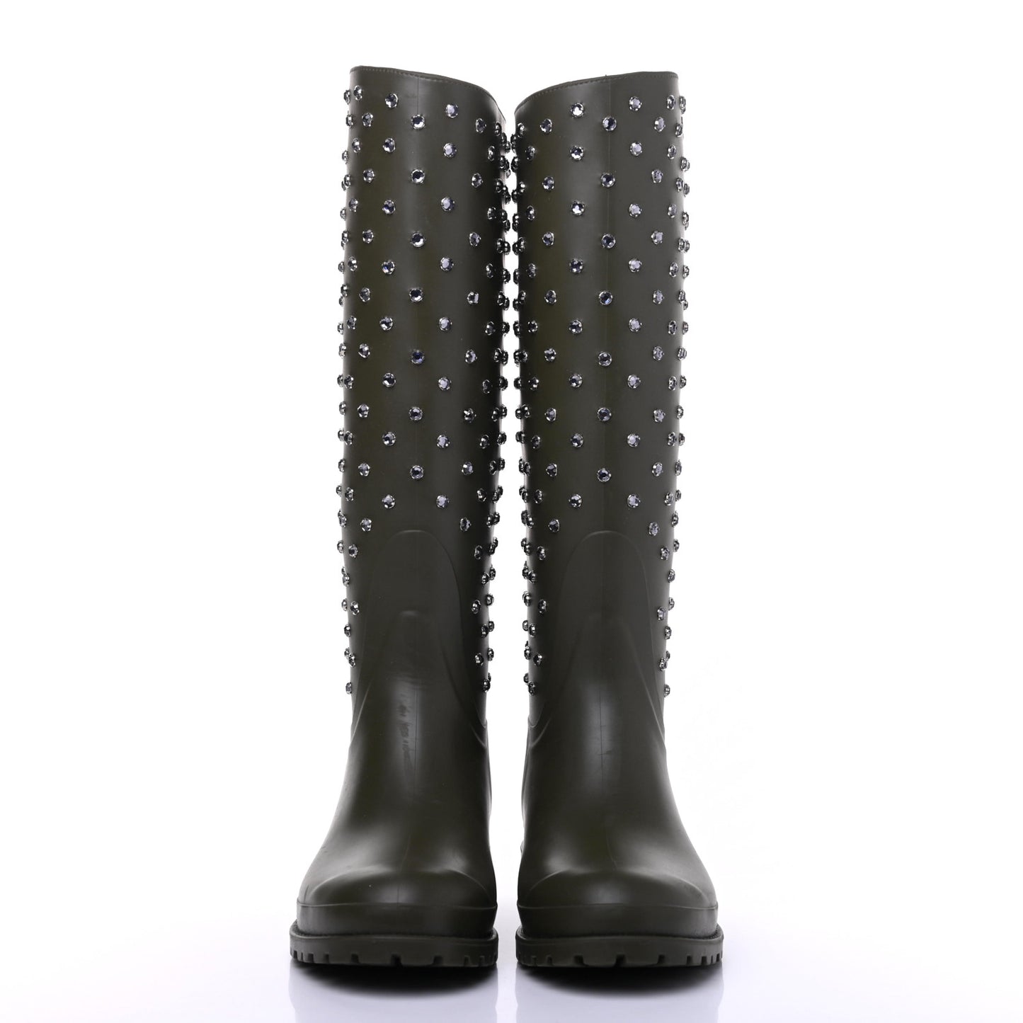 Rubber Crystal Studded Festival Rain Boots 37 Dark Khaki