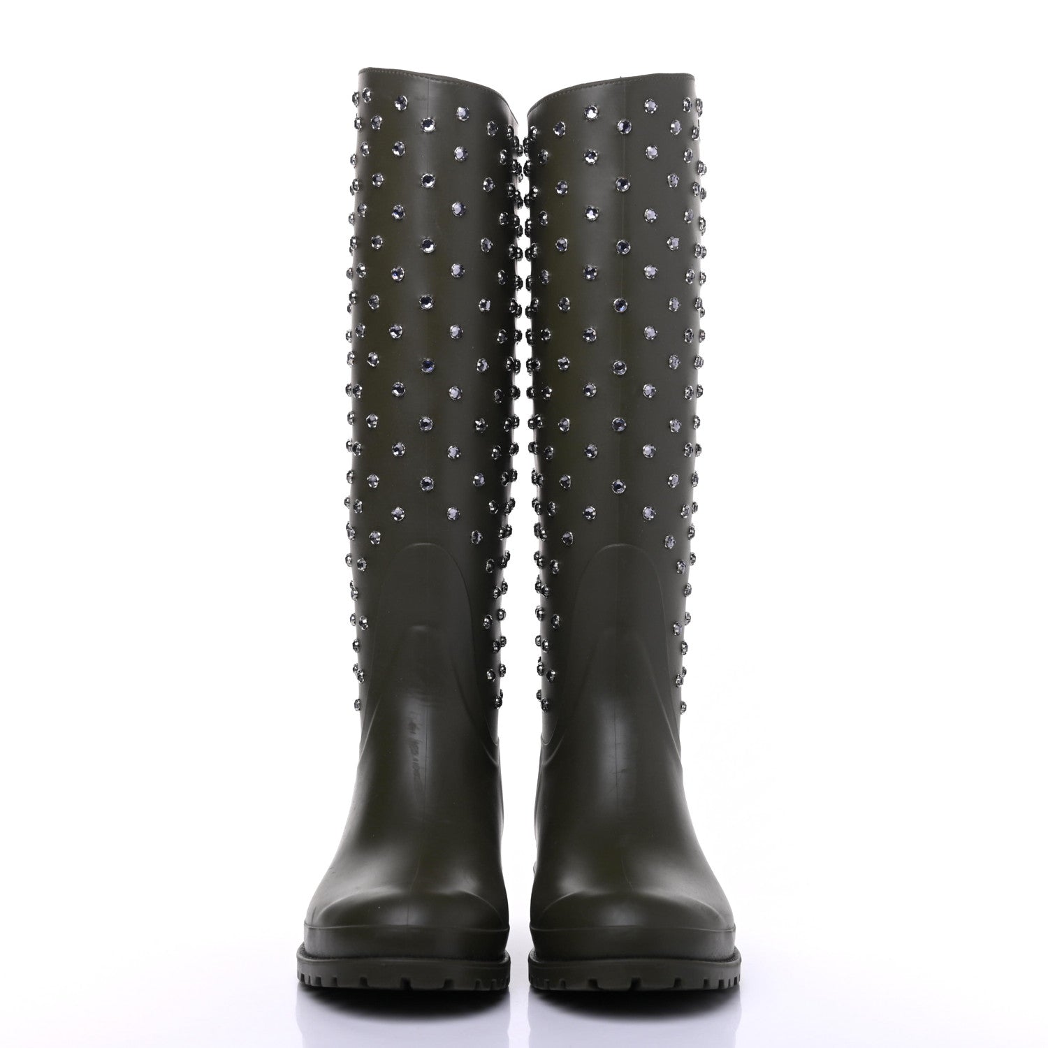 Saint Laurent Rubber Crystal Studded Festival Rain Boots 37 Dark Khaki 2 of 10