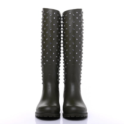 Saint Laurent Rubber Crystal Studded Festival Rain Boots 37 Dark Khaki 2 of 10
