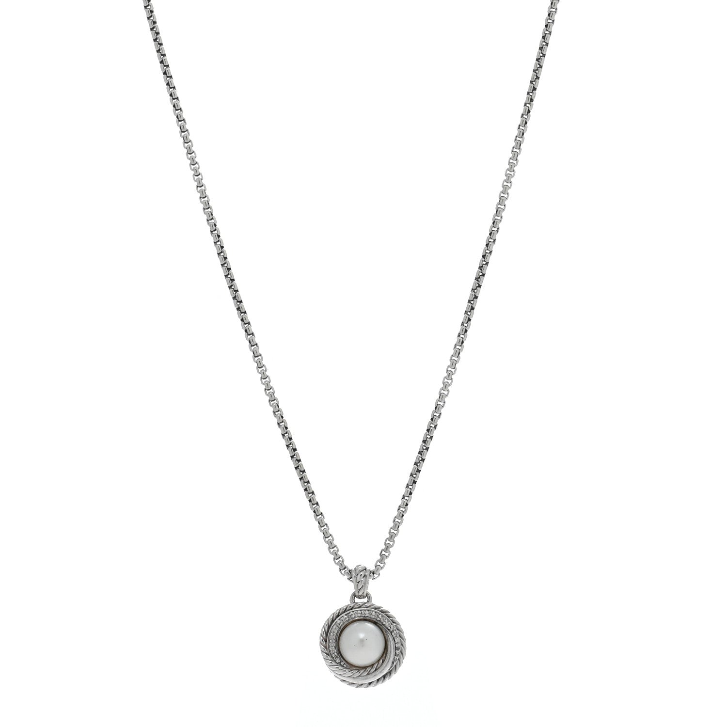 David Yurman Sterling Silver Diamond Pearl 8mm Crossover Pendant Necklace 1 of 4