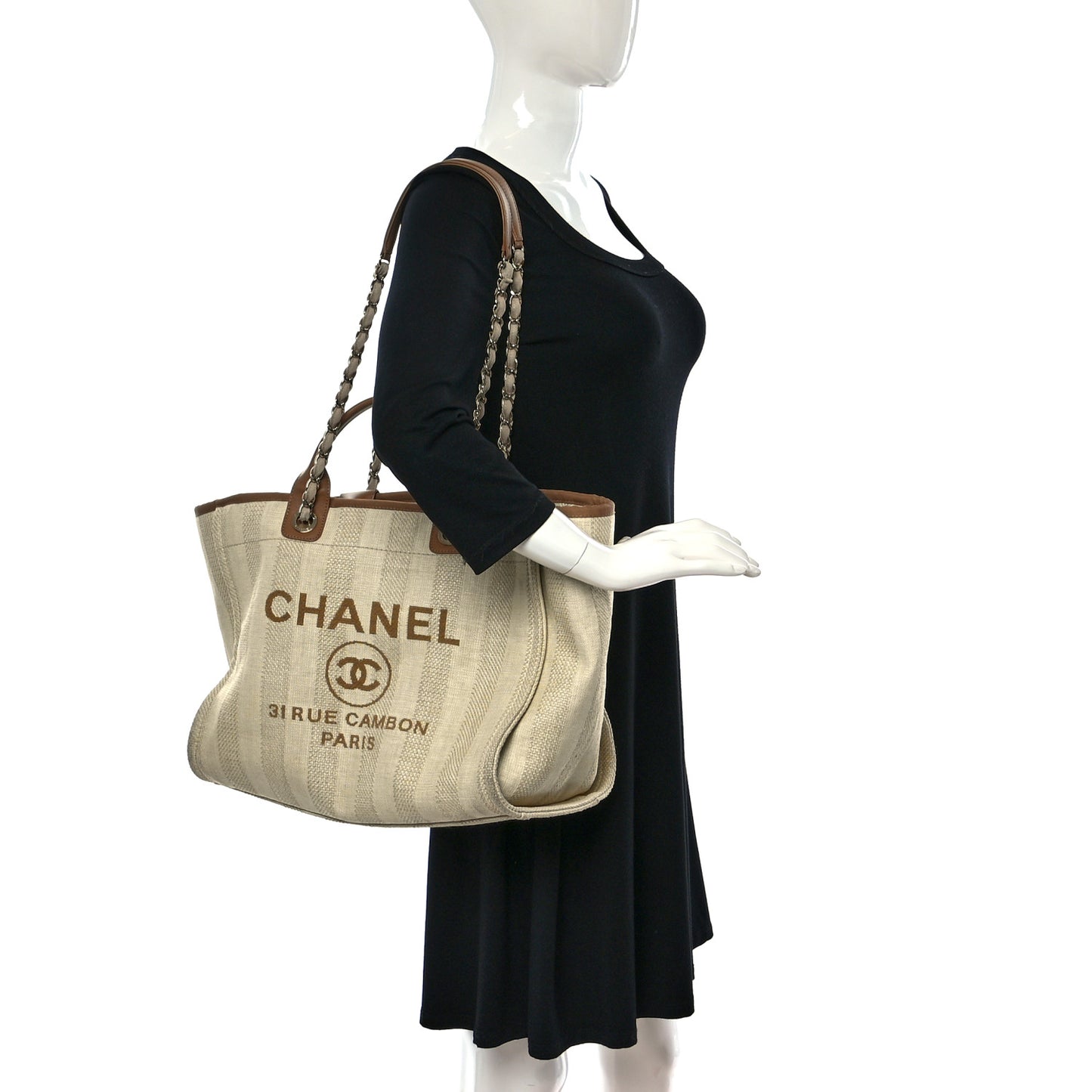 Mixed Fibers Striped Medium Deauville Tote Beige