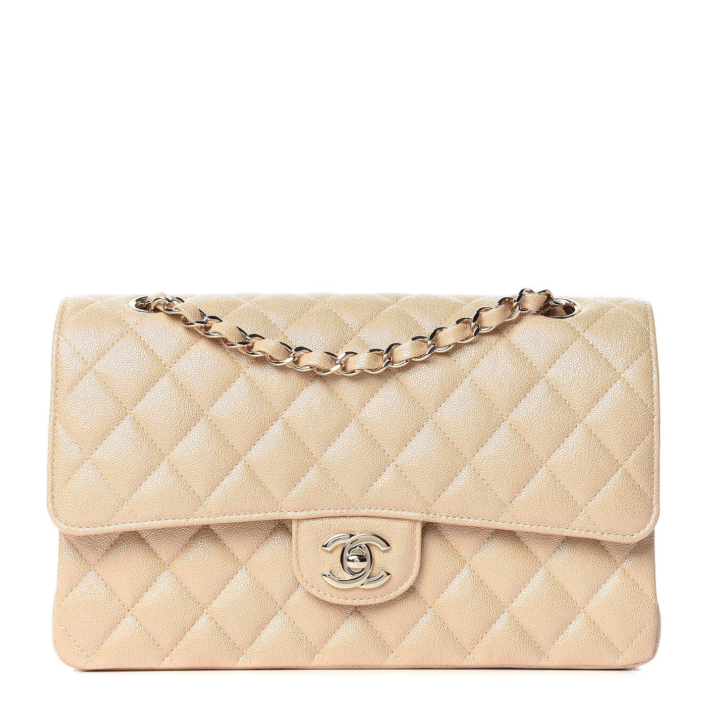 Iridescent Caviar Quilted Medium Double Flap Beige