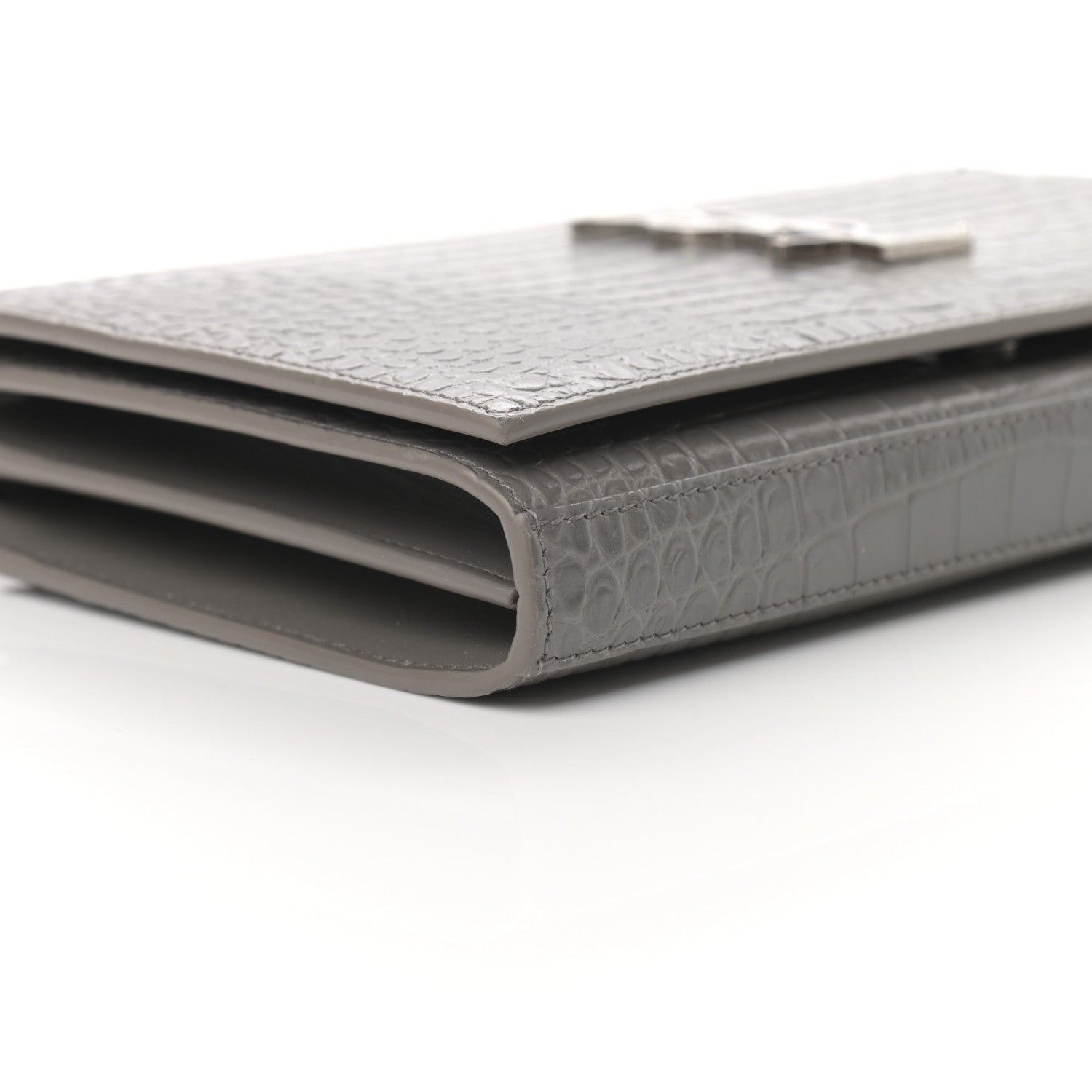 Saint Laurent Calfskin Crocodile Embossed Monogram Chain Wallet Fog 9 of 10