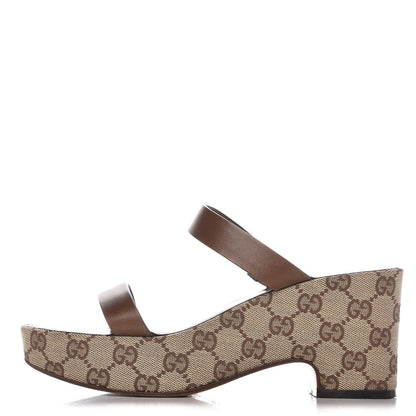 Gucci Monogram Calfskin Wedge Sandals 7 Brown 1 of 9