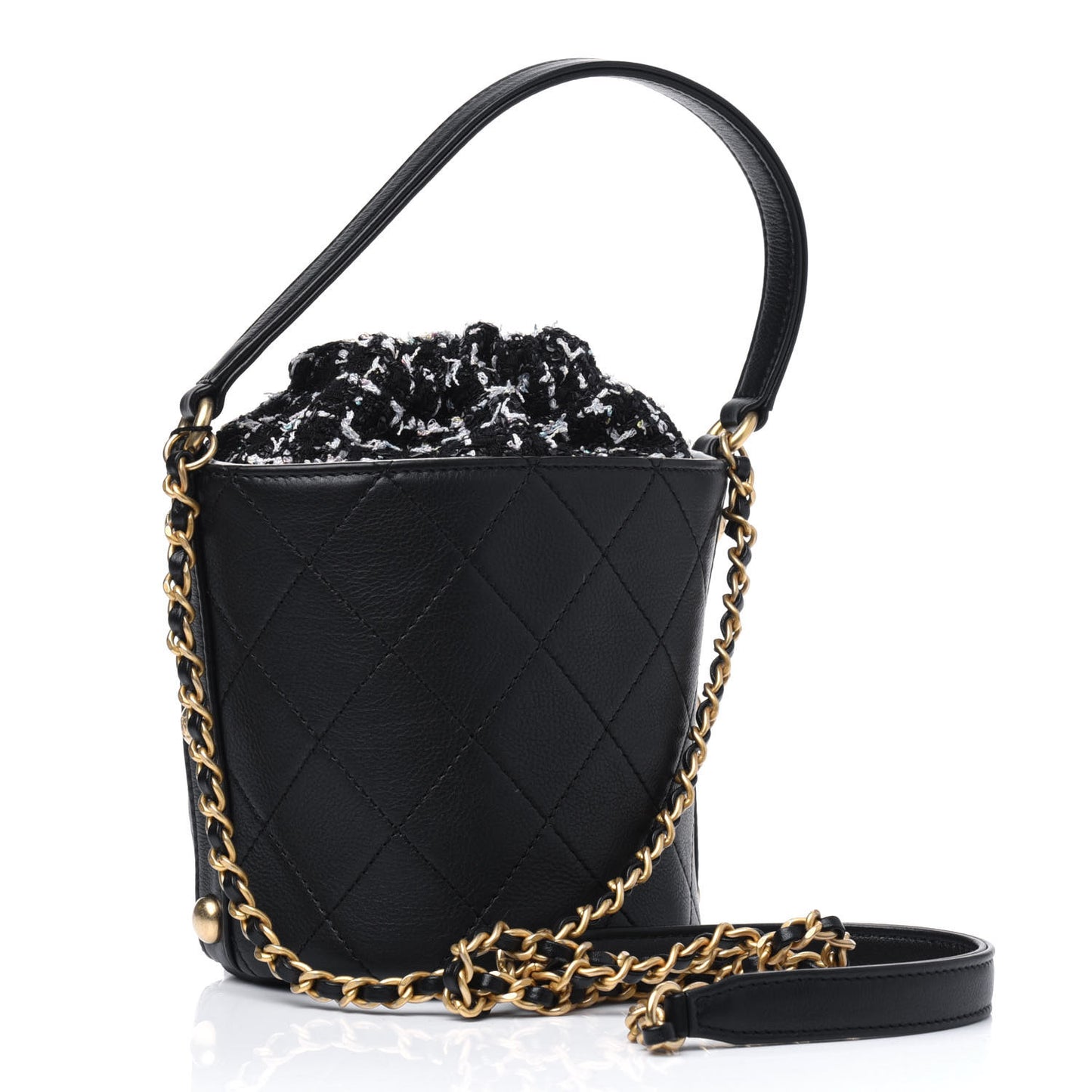 Calfskin Tweed Small CC Chain Bucket Drawstring Bag Black Multicolor