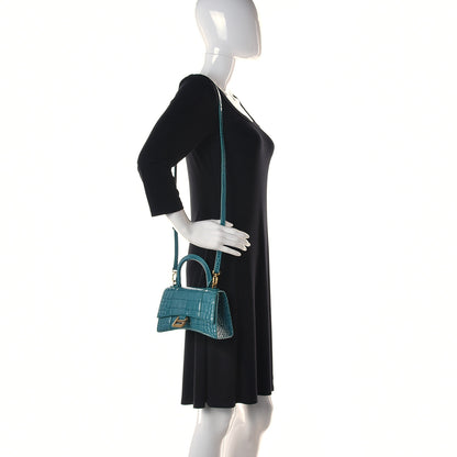 Balenciaga Shiny Calfskin Crocodile Embossed Hourglass Top Handle Bag XS Dark Turquoise 2 of 18