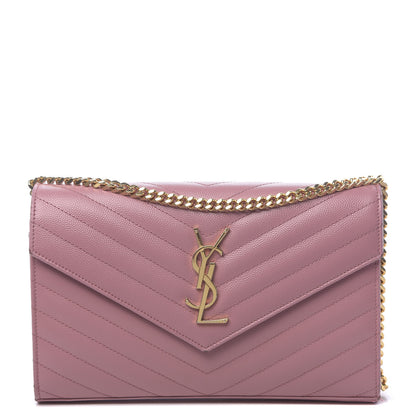 Saint Laurent Grain De Poudre Matelasse Chevron Monogram Chain Wallet Tender Pink 1 of 13