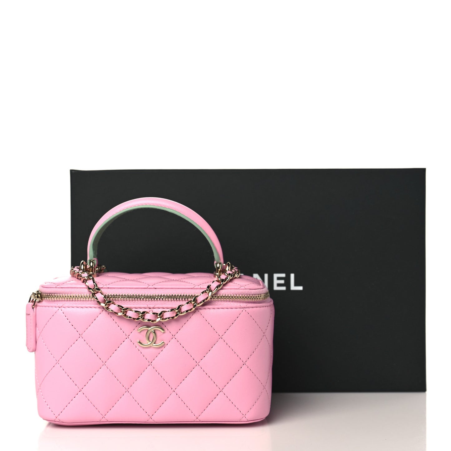 Lambskin Quilted Small Top Handle Vanity Case With Chain Lilac Light Green