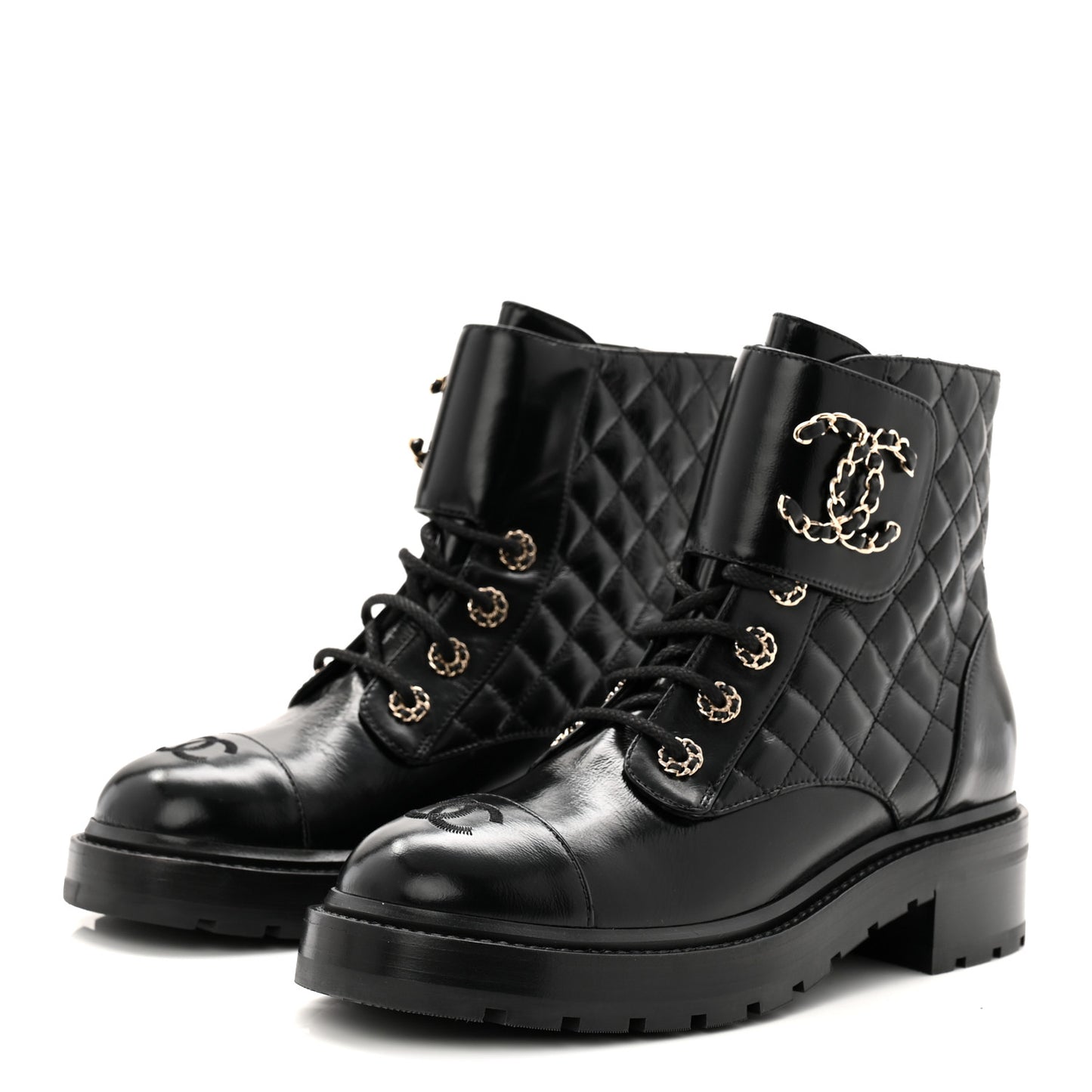 Shiny Calfskin Quilted Lace Up Combat Boots 39 Black